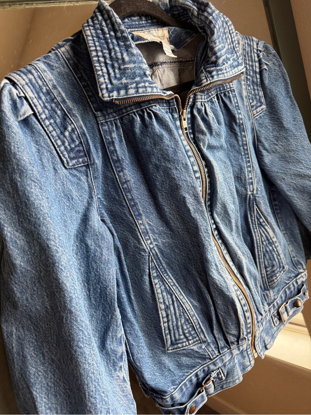 Vintage 80s Learsi Puffed Shoulder Denim Jacket M Boho Acid Wash Moto Bomber - Picture 2 of 11